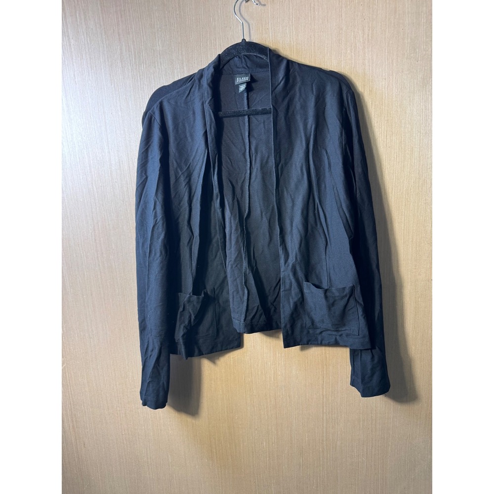 Eileen Fisher Black Open Front Cardigan Sweater Jacket Pockets Made‎ In USA M